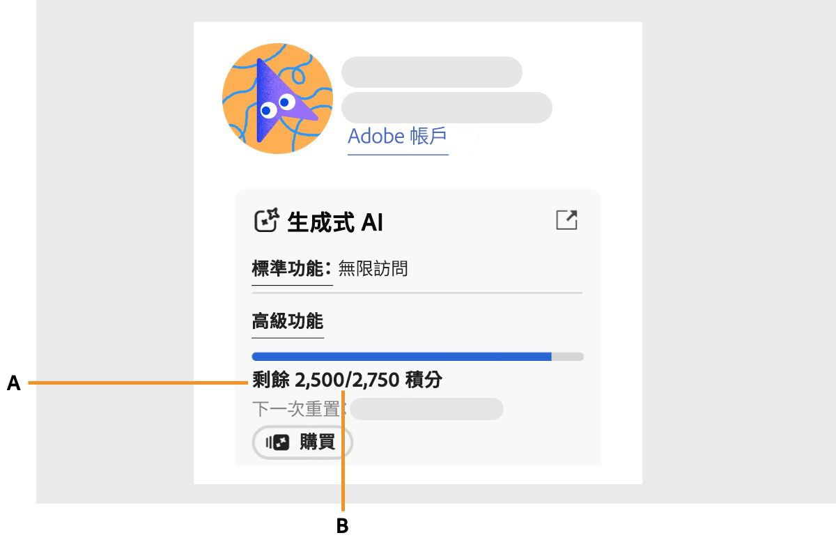 選取 Adobe 帳戶頁面上的個人資料圖示，並開啟帳戶面板。 在 Adobe 帳戶區段會顯示每月生成式點數，顯示剩餘點數和已消耗點數的數量， 以及每月生成式點數的重設時間。
