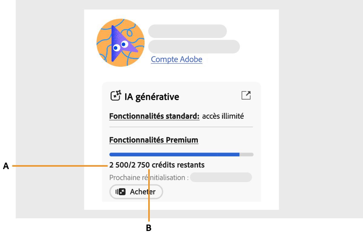 L’icône de profil sur la page du compte Adobe est sélectionnée et le panneau du compte est ouvert. Dans la section du compte Adobe, les crédits génératifs mensuels sont affichés, indiquant le nombre de crédits restants et le nombre de crédits consommés. La date de réinitialisation des crédits génératifs mensuels est également indiquée.