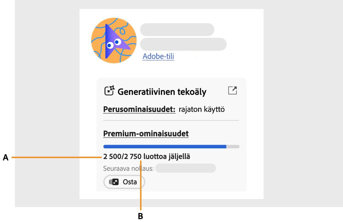 Adobe-tili-sivun profiilikuvake on valittuna ja tilipaneeli on avattuna. Adobe-tili-osiossa näkyy kuukausittaisten generointikrediittien määrä ja se, kuinka monta niistä on kulutettu ja kuinka monta niistä on jäljellä. Siinä näkyy myös se, milloin kuukausittaiset generointikrediitit nollataan.
