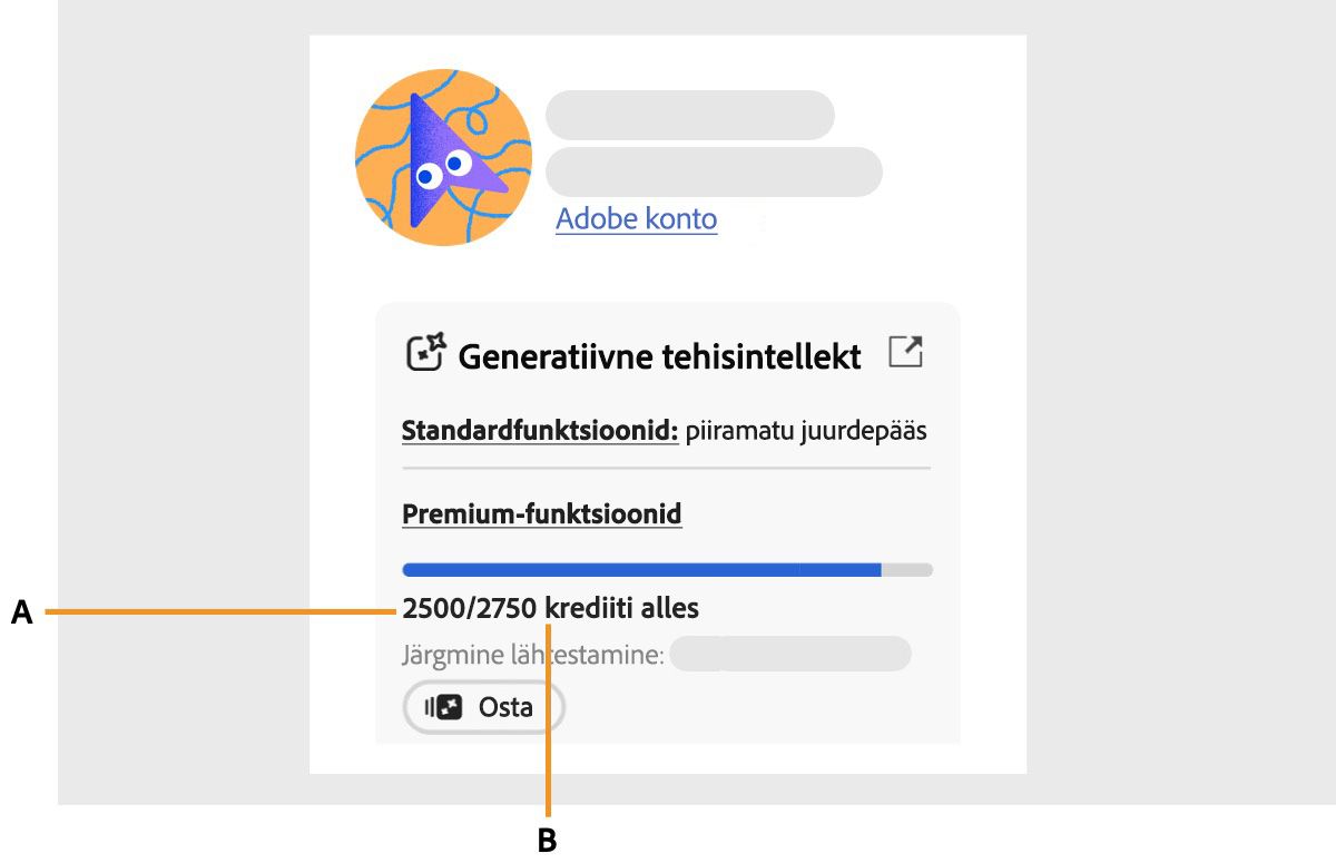 Adobe konto lehel on profiili ikoon valitud ja konto paneel on avatud. Adobe konto jaotises kuvatakse igakuised generatiivsed krediidid, mis näitavad, kui palju krediite on alles ja kui palju on tarbitud. Samuti on näidatud, millal igakuised generatiivsed krediidid lähtestatakse.