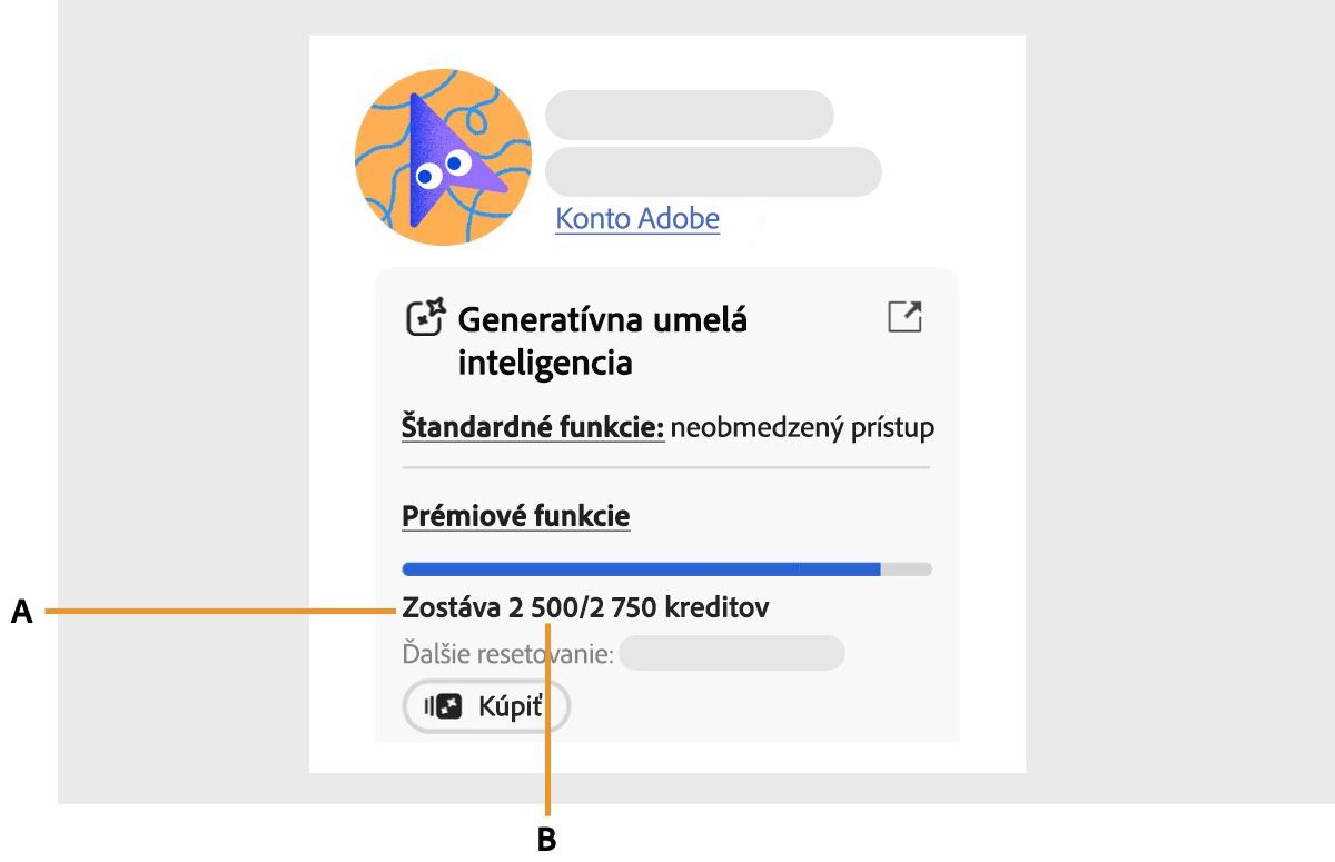 Ikona profilu na stránke konta Adobe je vybraná a panel konta je otvorený. V časti konto Adobe sa zobrazujú mesačné generatívne kredity, ktoré ukazujú, koľko kreditov ešte zostáva a koľko ich bolo spotrebovaných. Tiež zobrazuje, kedy sa mesačné generatívne kredity obnovia.