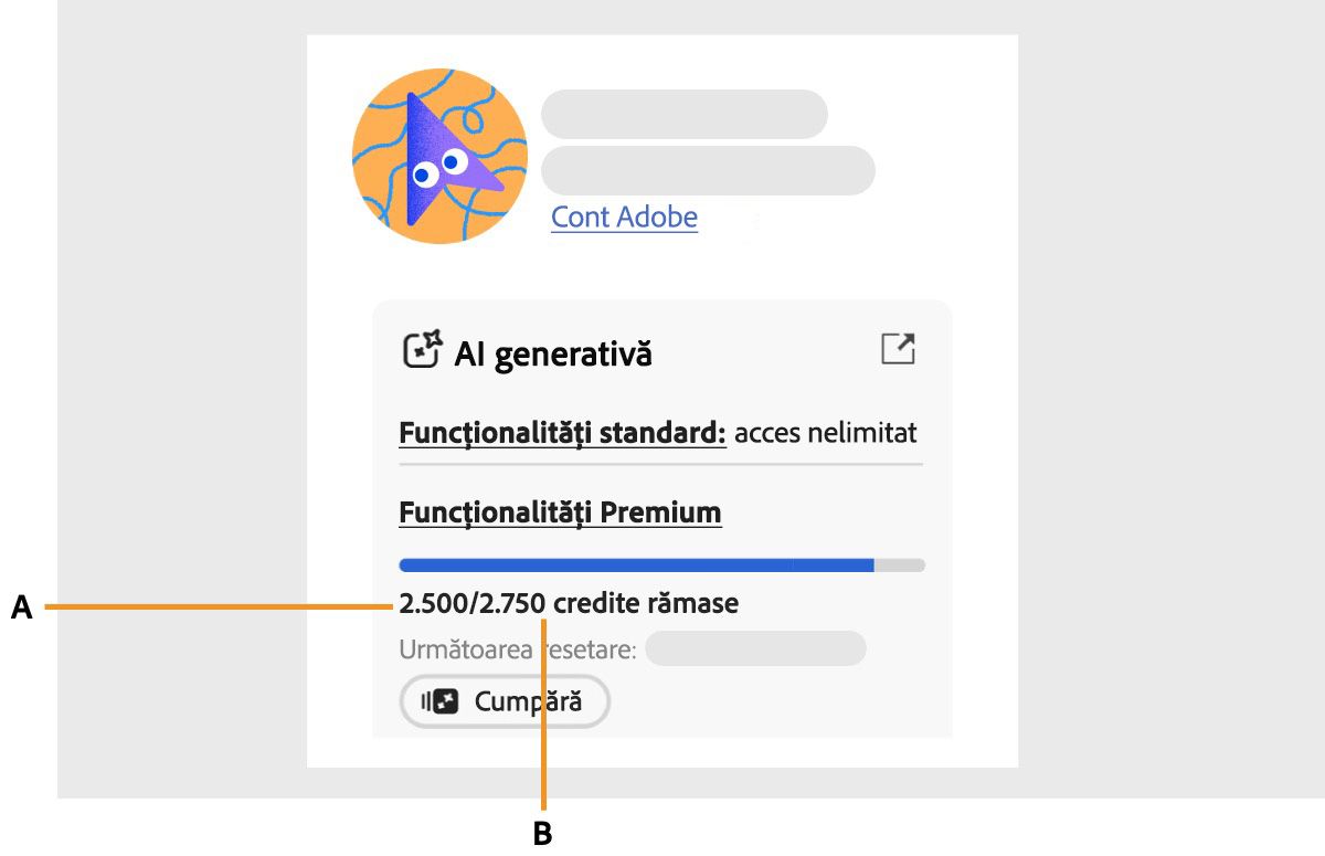 Pictograma profilului de pe pagina contului Adobe este selectată și panoul contului este deschis. În secțiunea contului Adobe, sunt afișate creditele generative lunare, arătând câte credite au mai rămas și câte au fost consumate. De asemenea, se afișează când vor fi resetate creditele generative lunare.