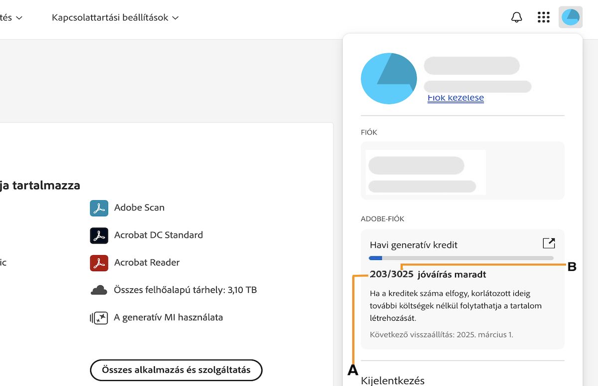 A képernyőn látható, hogy hogyan férhet hozzá a generatív kreditek számához az alkalmazáson belül.