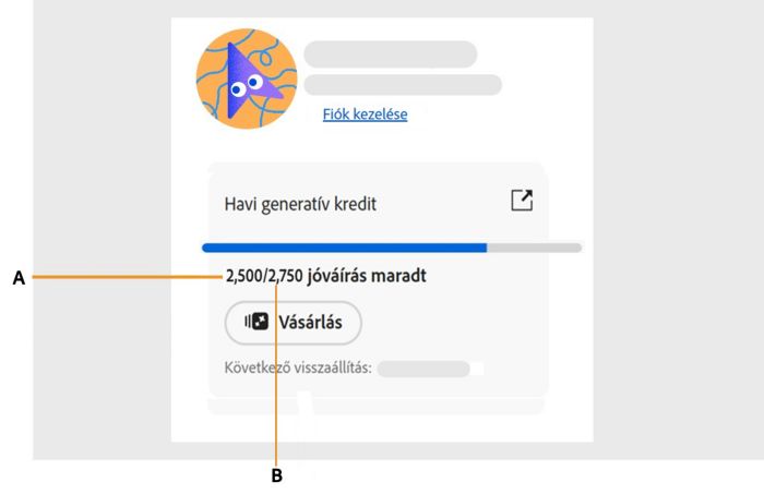 Képernyő, amely azt mutatja, hogyan férhet hozzá a generatív kreditek számához az alkalmazásban.