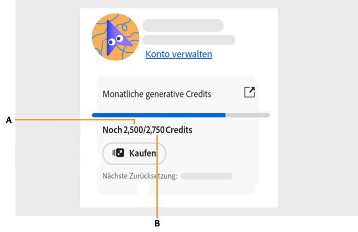 Bildschirm, der zeigt, wie du in der Anwendung die Anzahl deiner Generative Credits anzeigen kannst.