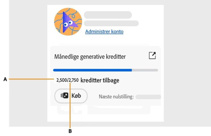 Skærm, der viser, hvordan du kan få adgang til dit generative kreditantal i appen.