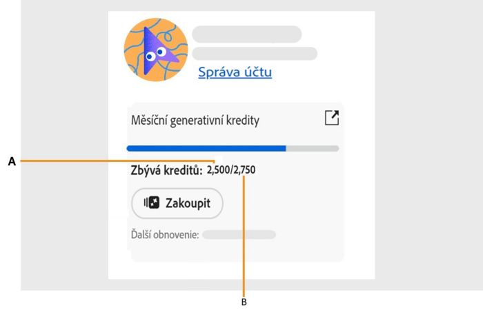 Obrazovka zobrazující, jak můžete získat přístup k počtu generativních kreditů v aplikaci.