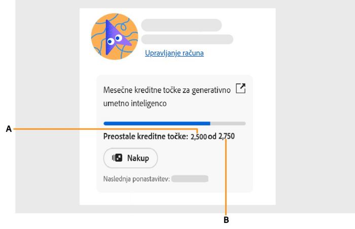 Zaslon, ki prikazuje, kako lahko dostopate do informacij o številu kreditnih točk za generativno umetno inteligenco v programu.