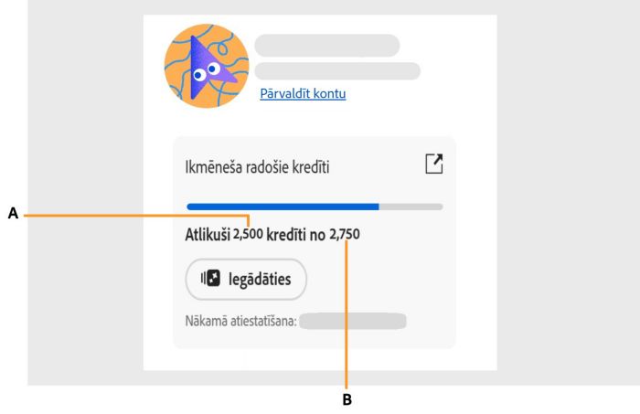 Ekrāns, kurā redzams, kā lietotnē piekļūt savam ģeneratīvo kredītpunktu skaitam.
