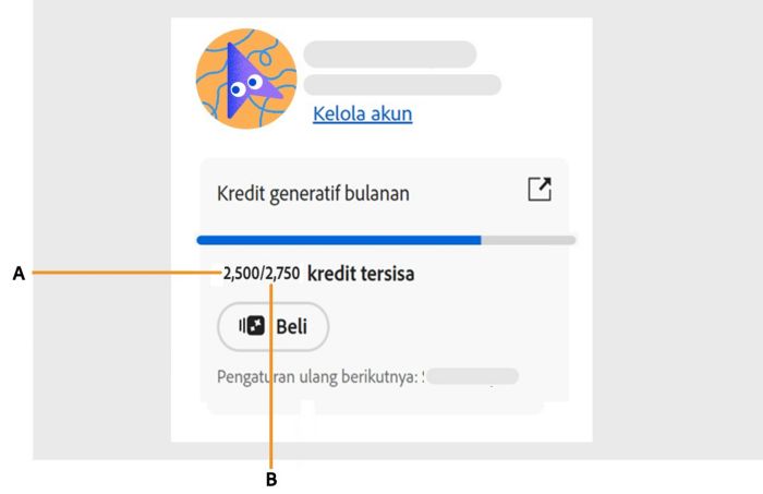 Layar yang menampilkan bagaimana Anda dapat mengakses jumlah kredit generatif dalam aplikasi.