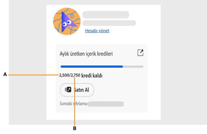 Uygulama içinde oluşturma kredisi sayınıza nasıl erişebileceğinizi gösteren ekran.