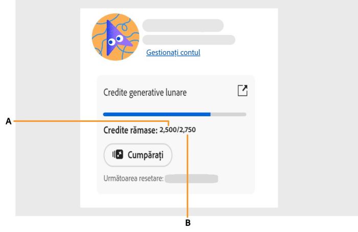 Ecran care vă arată cum puteți accesa numărul de credite generative în aplicație.