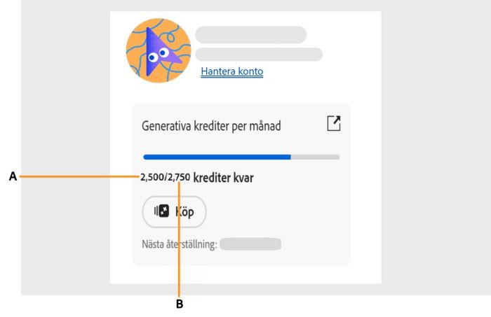 Skärm som visar hur du får tillgång till dina generativkrediter i appen.