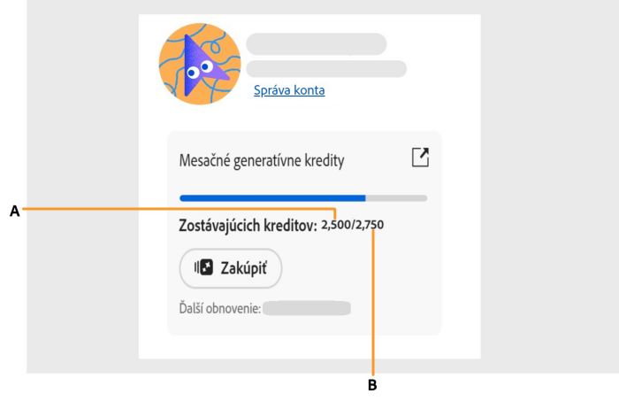 Obrazovka zobrazujúca, ako môžete získať prístup k svojmu počtu generatívnych kreditov v aplikácii.