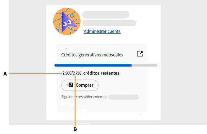 Pantalla en la que se muestra cómo puede acceder a su recuento de créditos generativos en la aplicación.