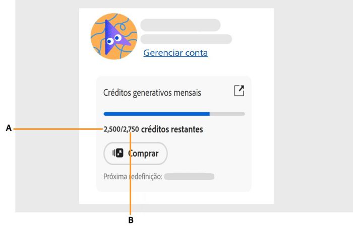 Tela mostrando como você pode acessar sua contagem de crédito generativo no aplicativo.