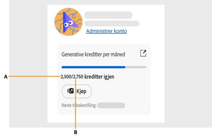 Skjermbilde som viser hvordan du får tilgang til antall generative kreditter i appen.