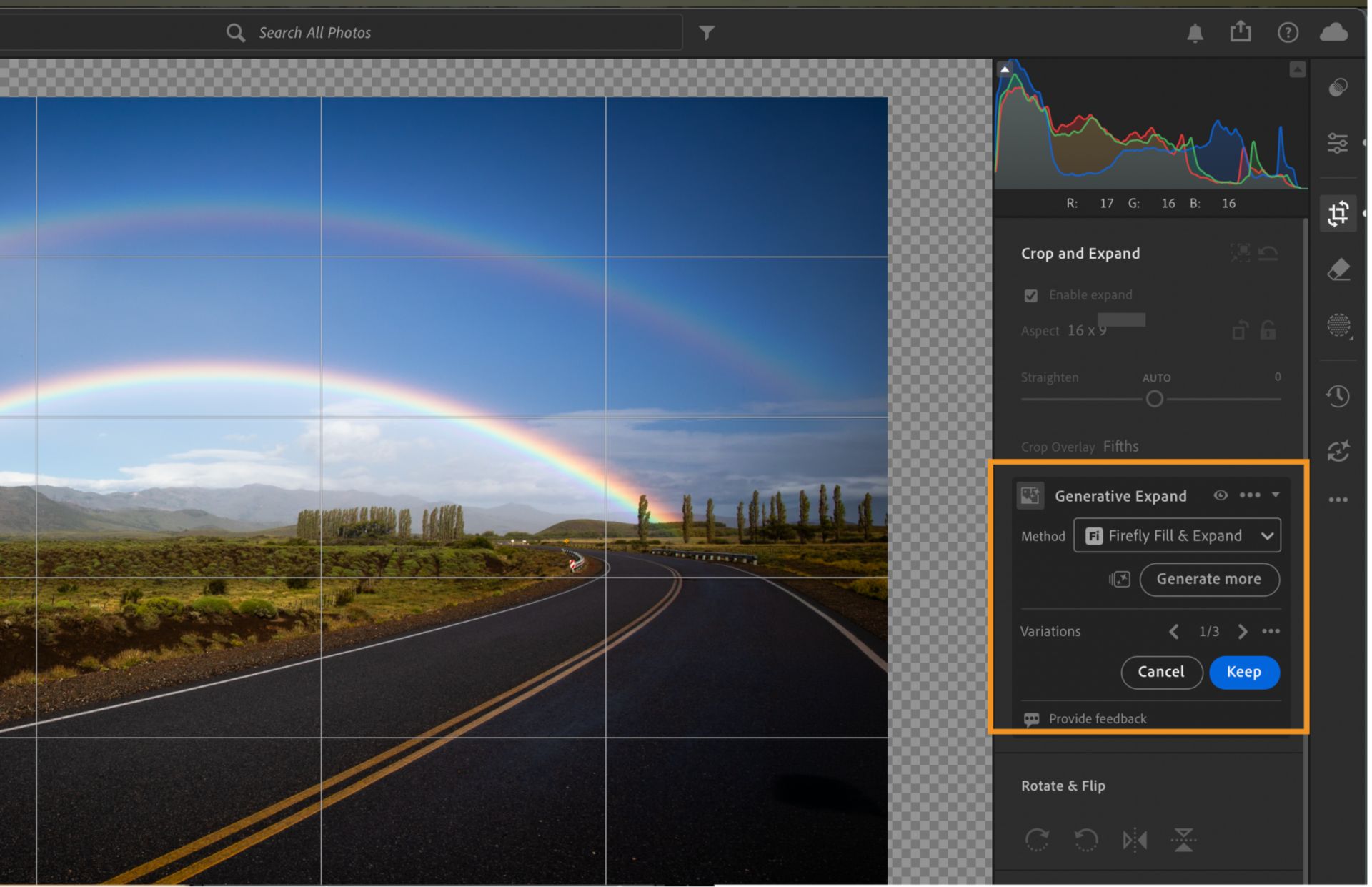 The Lightroom desktop editing workspace with the Generative Expand panel highlighted, showing Firefly Fill & Expand, generated variations, a Generate more button, and Keep and Cancel options.