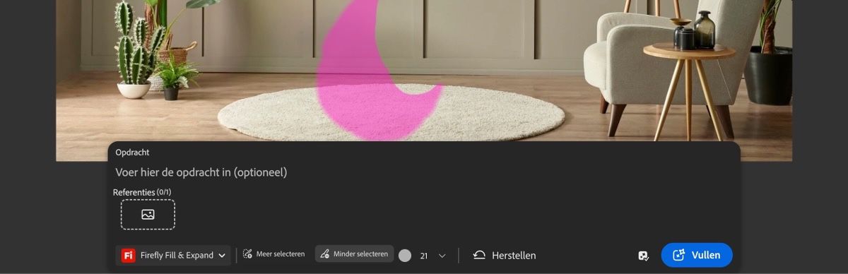 De optie Minder selecteren is geselecteerd en er wordt over een gedeelte geschilderd om het gemarkeerde gebied te wissen.