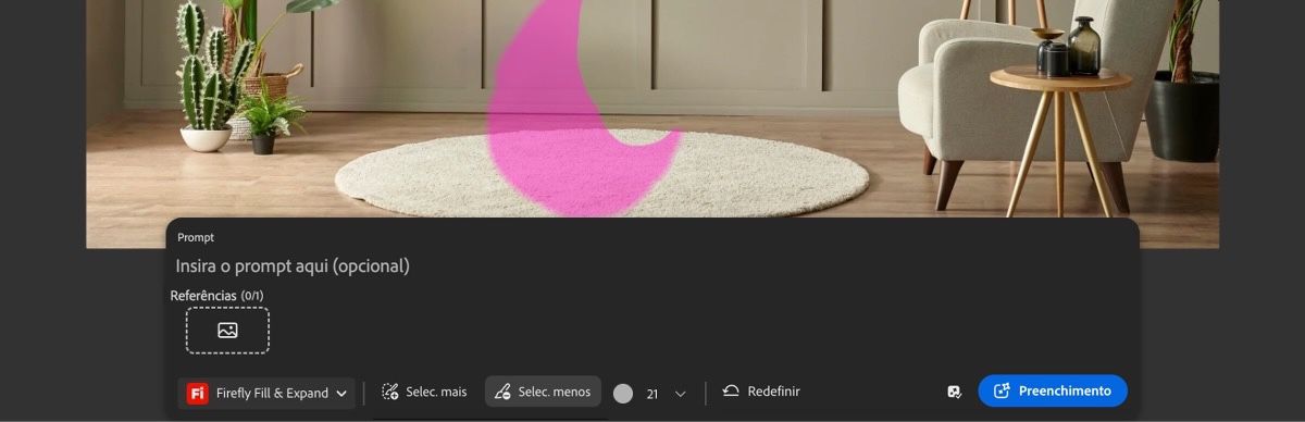 A opção “Selecionar menos” está ativada, e uma parte da imagem é pintada para apagar a área destacada.