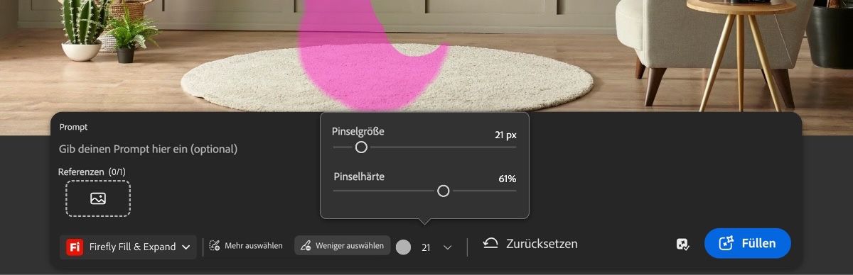 Die Pinselsteuerungen sind geöffnet, und es gibt Optionen zum Ändern der Pinselgröße und -härte.