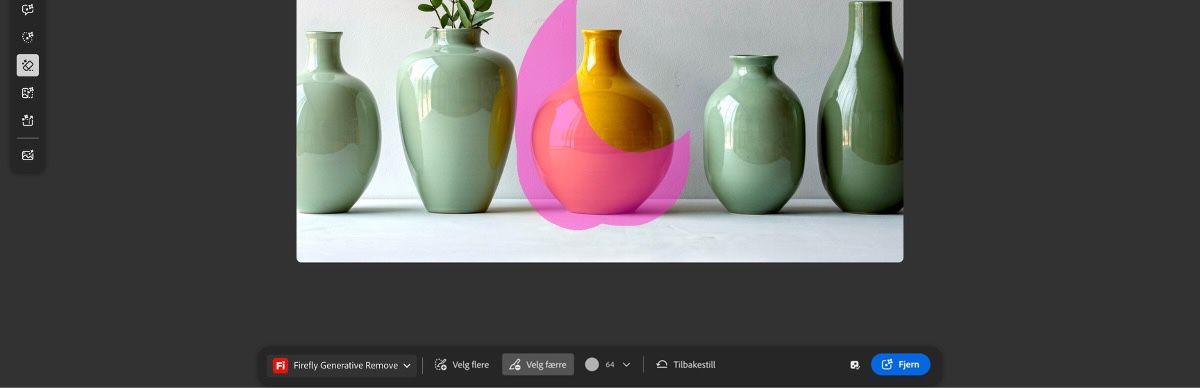 Alternativet Marker mindre er valgt, og et felt er malt over for å slette det uthevede området.