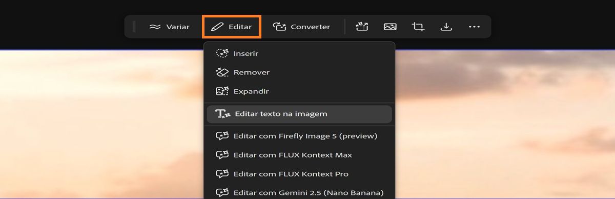 Na tela, uma imagem é selecionada e, na opção Editar, a opção Editar texto na imagem é destacada.