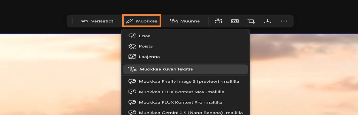 Piirtoalueella on valittu kuva ja Muokkaa-vaihtoehdosta on korostettu Muokkaa kuvan tekstiä.