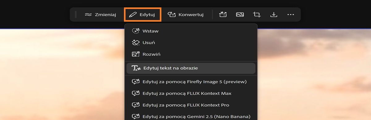 Na obszarze roboczym wybrano obraz, opcję Edycja i podświetlono opcję Edytuj tekst w obrazie.