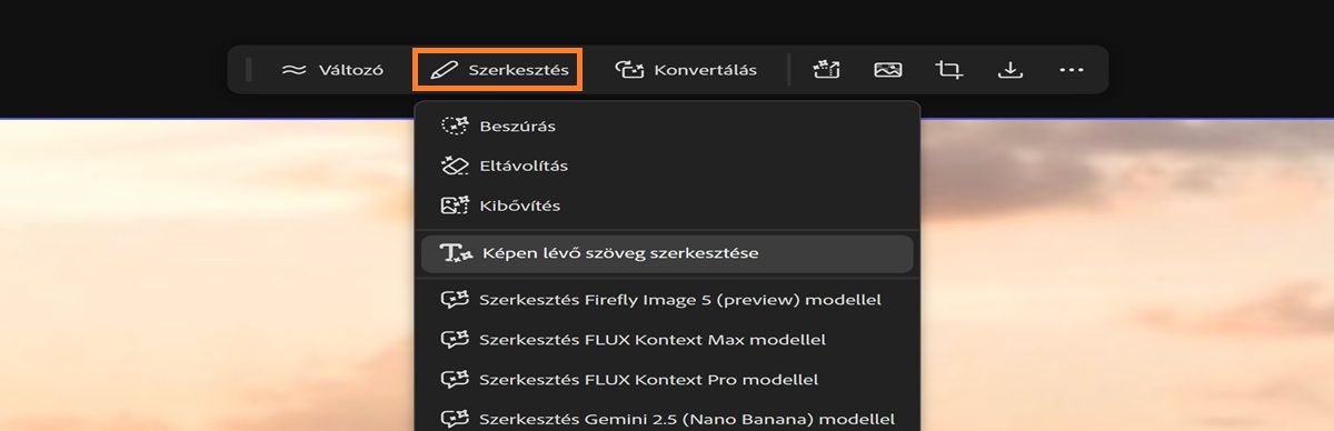 A vásznon egy kép van kiválasztva, és a Szerkesztés opcióból a Szöveg szerkesztése képben lehetőség van kiemelve.