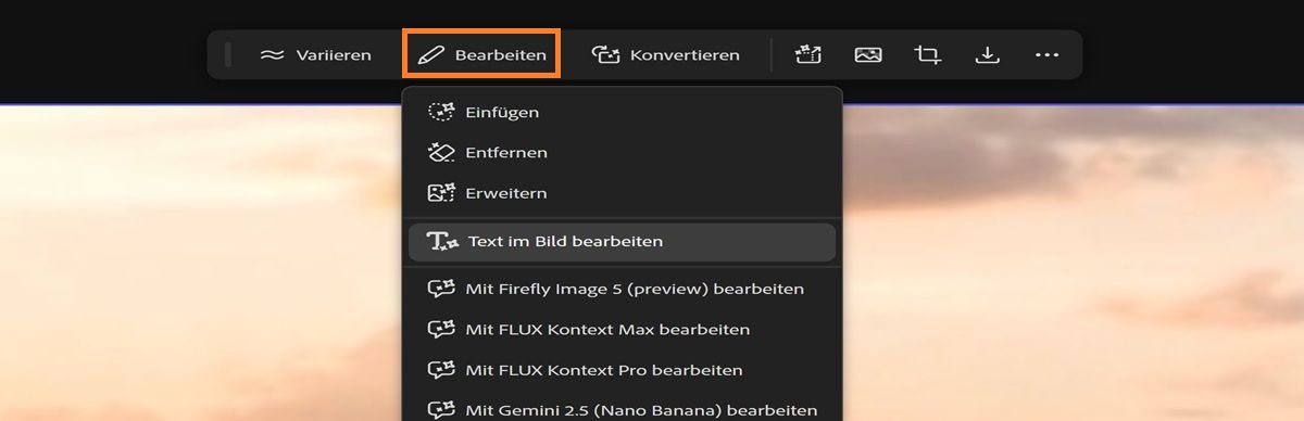 In der Arbeitsfläche ist ein Bild ausgewählt und unter der Option „Bearbeiten“ ist „Text im Bild bearbeiten“ hervorgehoben.