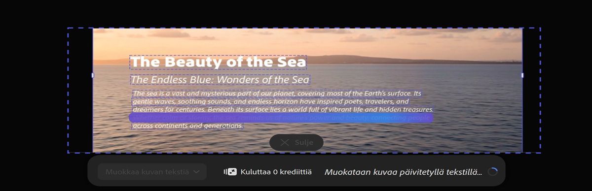 Kuvassa on animoitu edistymisen peittokehys, joka osoittaa, että generointi on käynnissä.