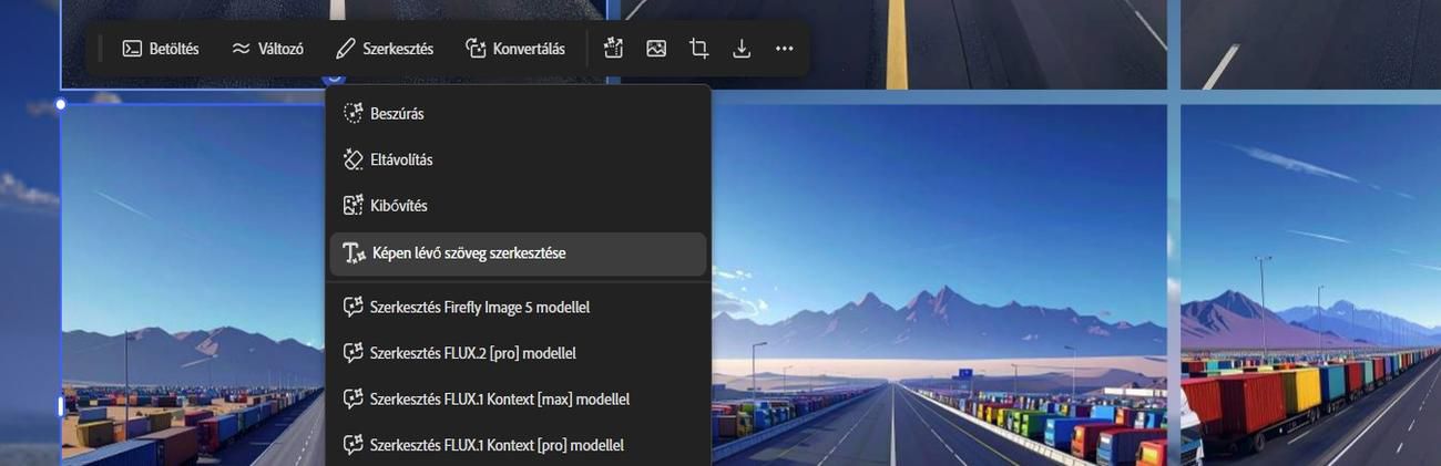 A vásznon egy kép van kiválasztva, és a Szerkesztés opcióból a Szöveg szerkesztése képben lehetőség van kiemelve.