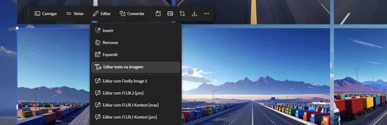 Na tela, uma imagem é selecionada e, na opção Editar, a opção Editar texto na imagem é destacada.