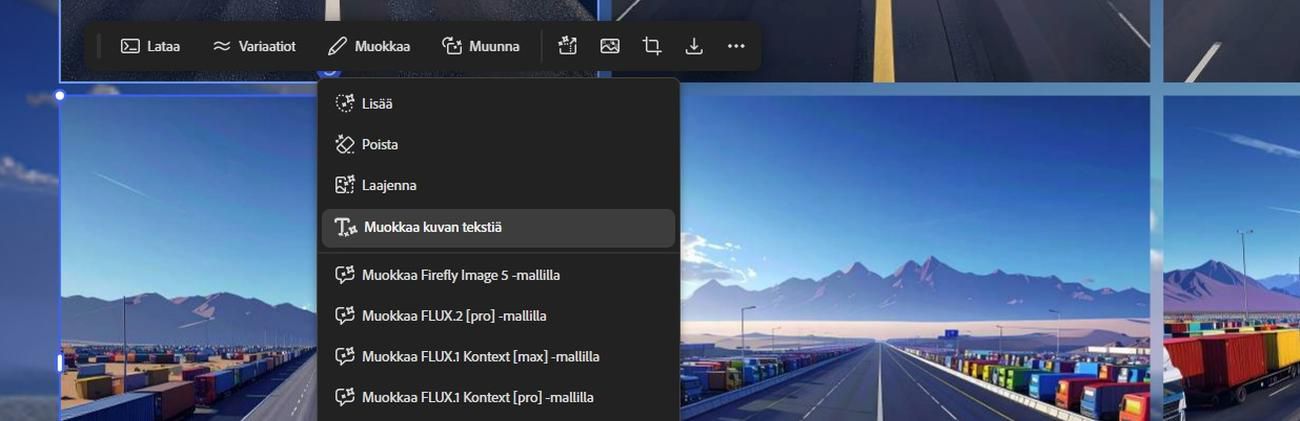 Piirtoalueella on valittu kuva ja Muokkaa-vaihtoehdosta on korostettu Muokkaa kuvan tekstiä.