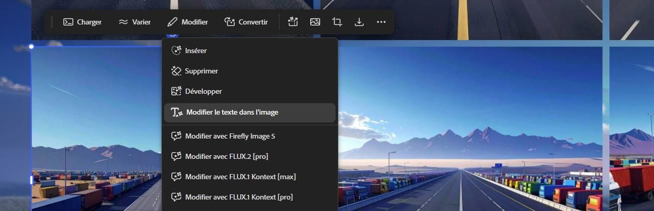 Une image est sélectionnée dans la zone de travail, et dans l’option Modifier, l’option Modifier le texte dans l’image est mise en surbrillance.