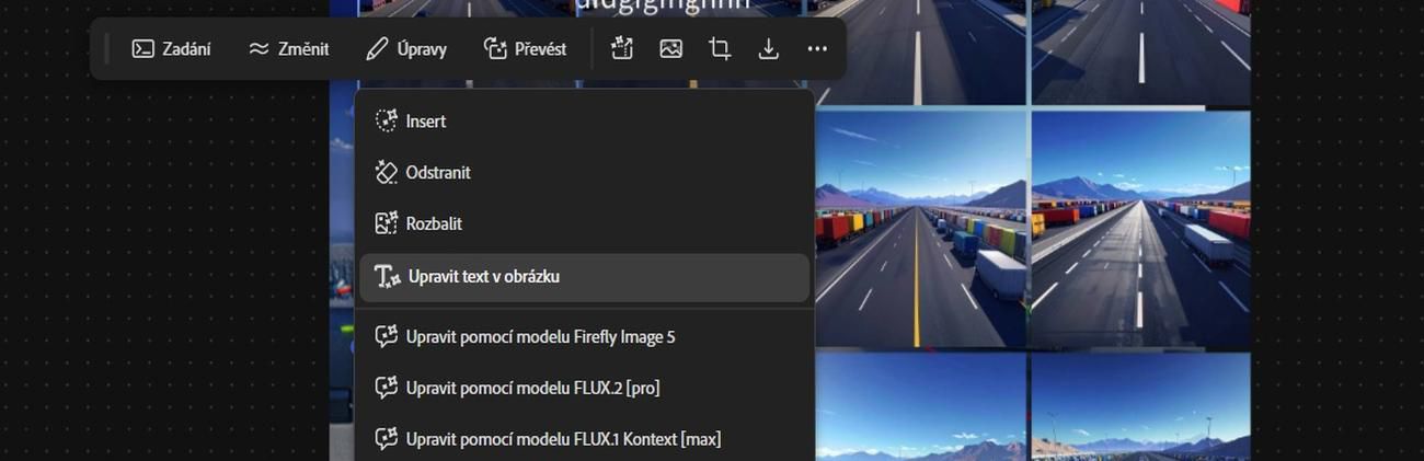 Na plátně je vybrán obrázek a v možnosti Upravit je zvýrazněna volba Upravit text v obrázku.
