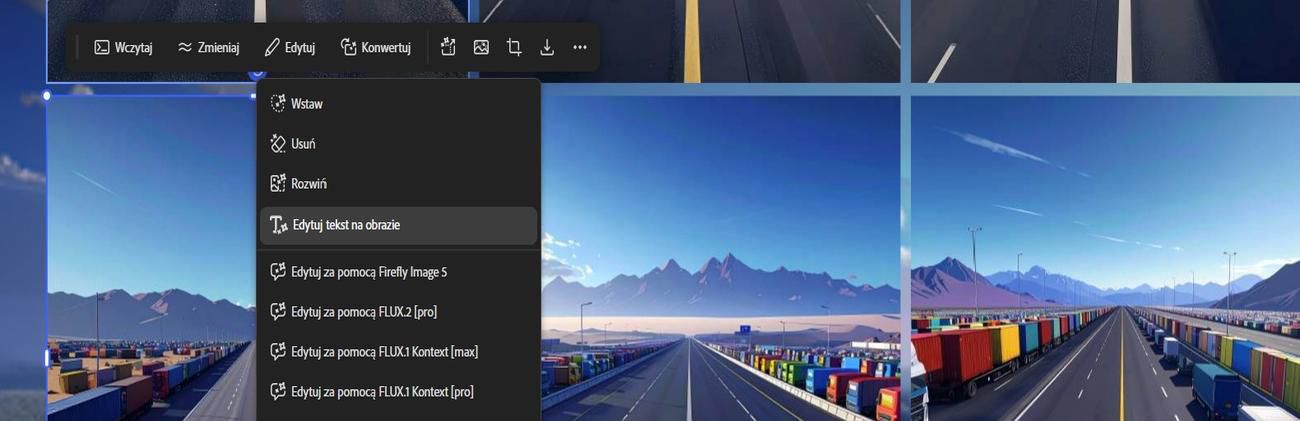 Na obszarze roboczym wybrano obraz, opcję Edycja i podświetlono opcję Edytuj tekst w obrazie.