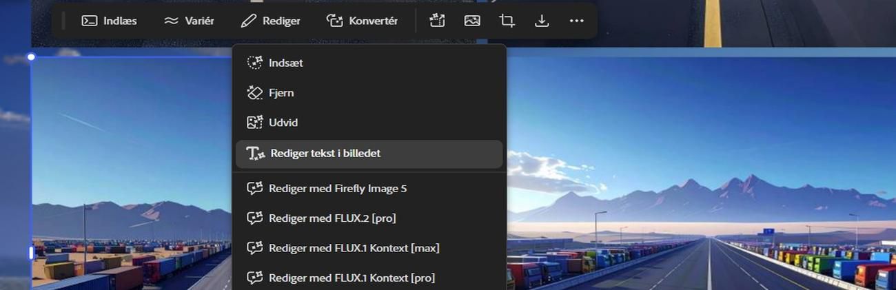 På lærredet er et billede valgt, og fra redigeringsindstillingen er Rediger tekst i billede fremhævet.