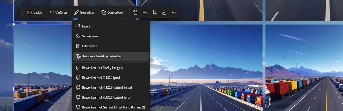 In het canvas is een afbeelding geselecteerd en bij de optie Bewerken is Tekst in afbeelding bewerken gemarkeerd.