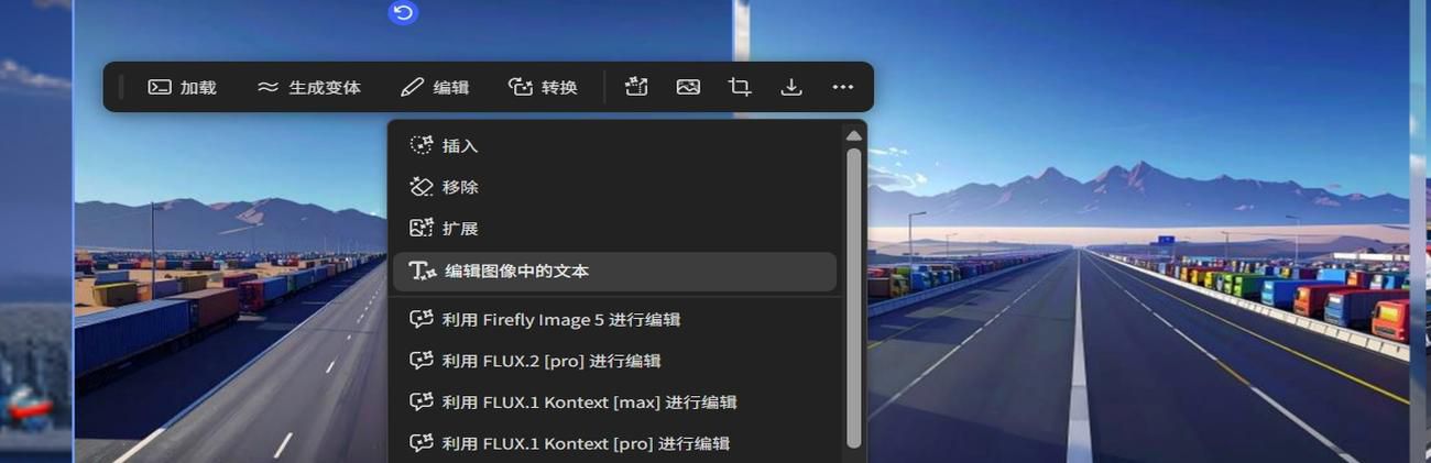 在画布中，一张图像已被选中，并且“编辑”选项下的“编辑图像中的文本”处于高亮显示状态。