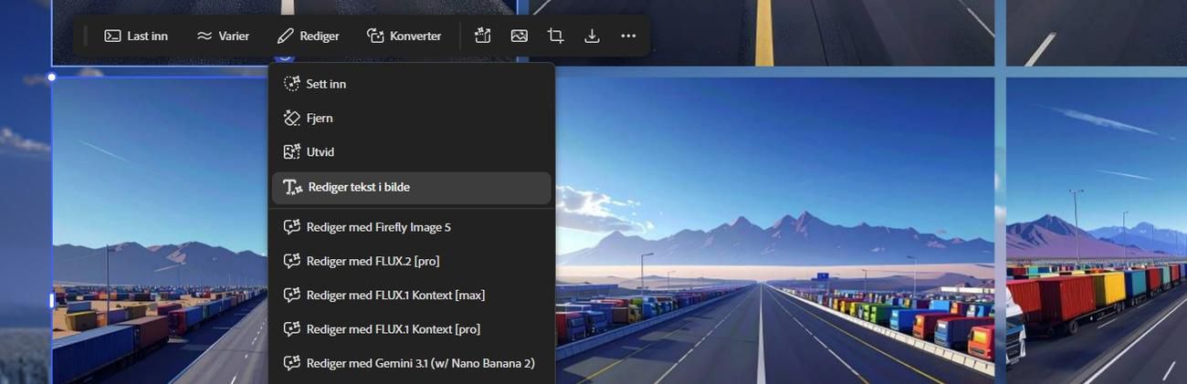 På lerretet er et bilde markert, og fra Rediger-alternativet er Rediger tekst i bilde uthevet.