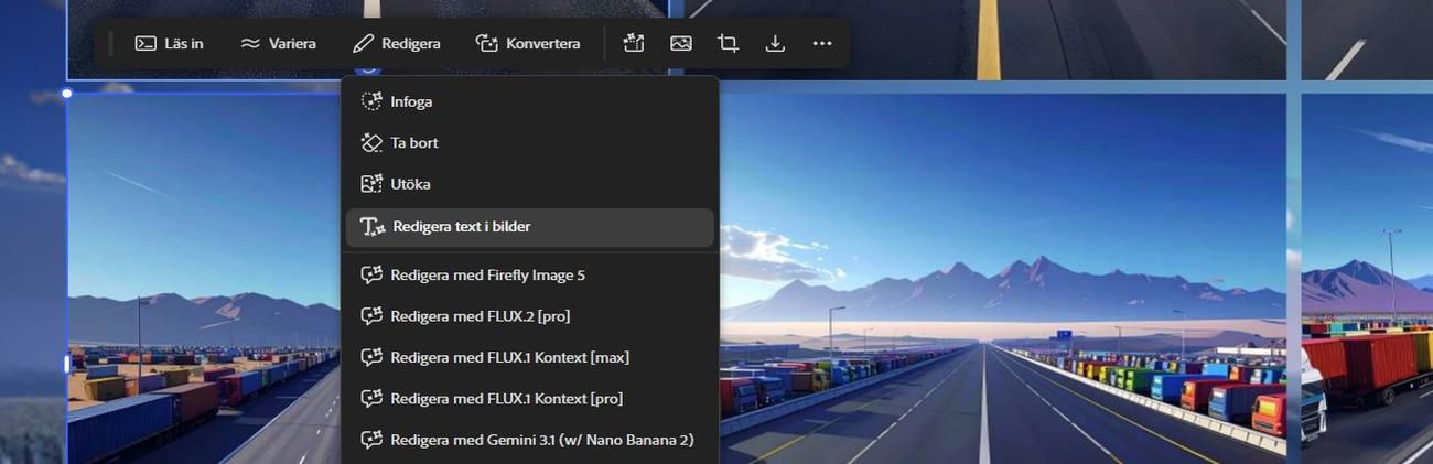 På arbetsytan är en bild markerad, och från redigeringsalternativet är Redigera text i bild markerat.