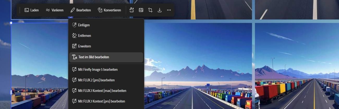 In der Arbeitsfläche ist ein Bild ausgewählt und unter der Option „Bearbeiten“ ist „Text im Bild bearbeiten“ hervorgehoben.