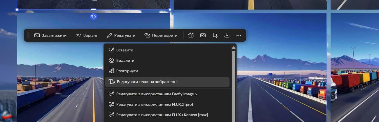 На полотні вибрано зображення, а на панелі інструмента «Редагувати» виділено пункт «Редагувати текст у зображенні».