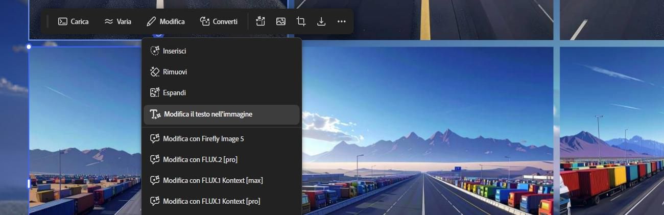 Nell'area di lavoro è selezionata un'immagine e nell'opzione Modifica è evidenziata la voce Modifica testo nell'immagine.