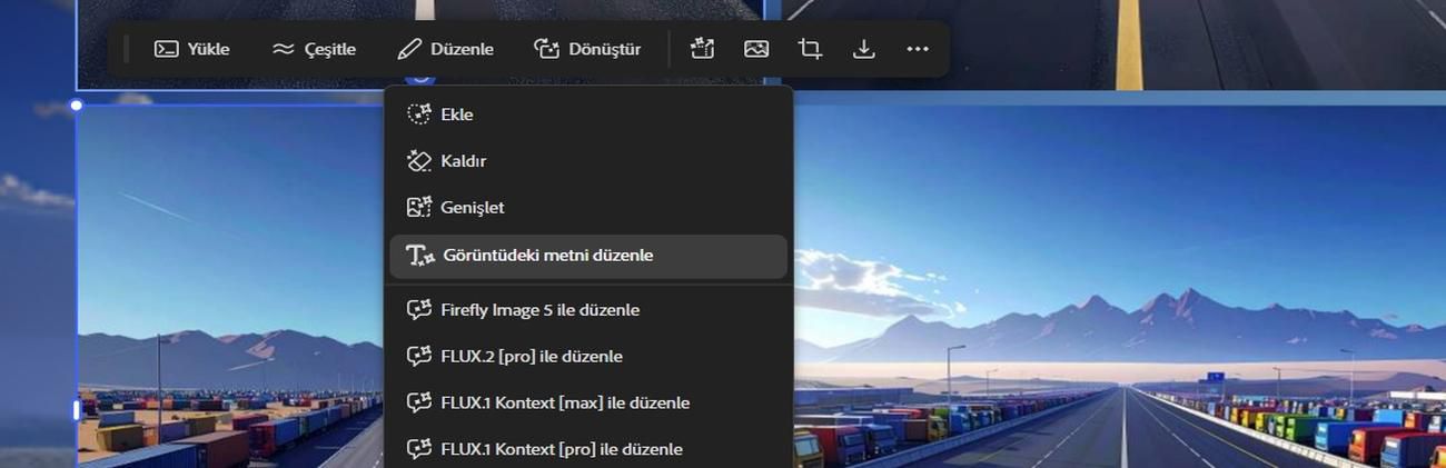 Tuvalde bir görüntü seçili ve Düzenle seçeneğinde "Görüntüdeki metni düzenle" vurgulanmış durumda.