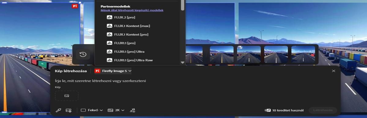 A Szöveg szerkesztése képben sáv nyitva van a modellválasztó menüvel, és az Adobe Firefly Image 5 (kísérleti) és a FLUX.1 Kontext [Pro] látható.