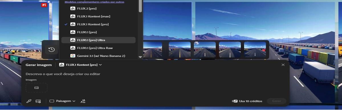 A barra Editar texto na imagem tem o menu de seleção de modelo aberto e mostra Adobe Firefly Image 5 (visualização) e FLUX.1 Kontext [Pro].