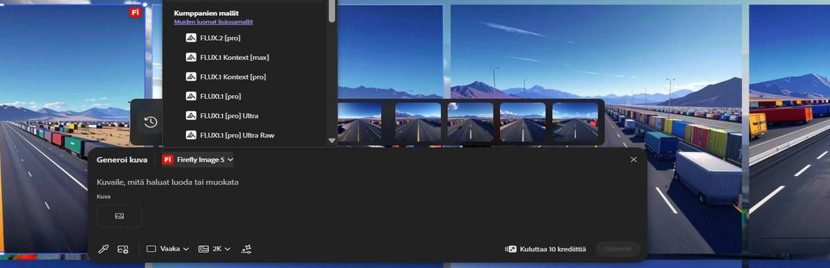 Muokkaa tekstiä kuvassa -palkissa on mallin valintavalikko avoinna ja siinä näkyy Adobe Firefly Image 5 (esikatselu) ja FLUX.1 Kontext [Pro].